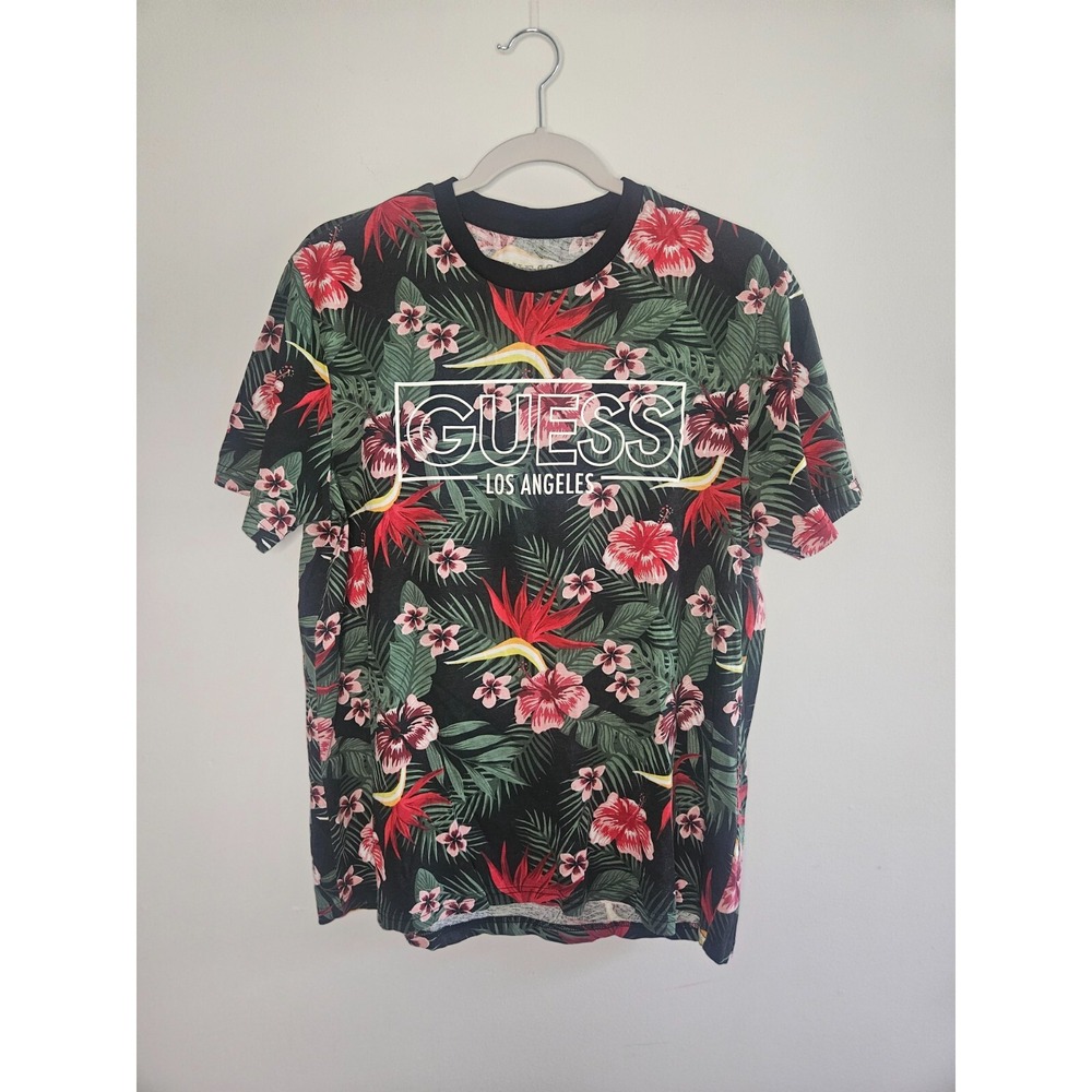 Guess Floral Patterned Short Sleeve T-Shirt Womens Large Black Tropical Logo